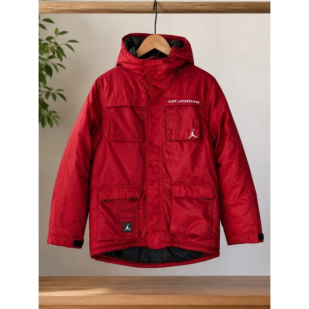 Air Jordan Mens Red Hooded Parka Jacket Puffer Coat Large Jumpman Logo Graphic